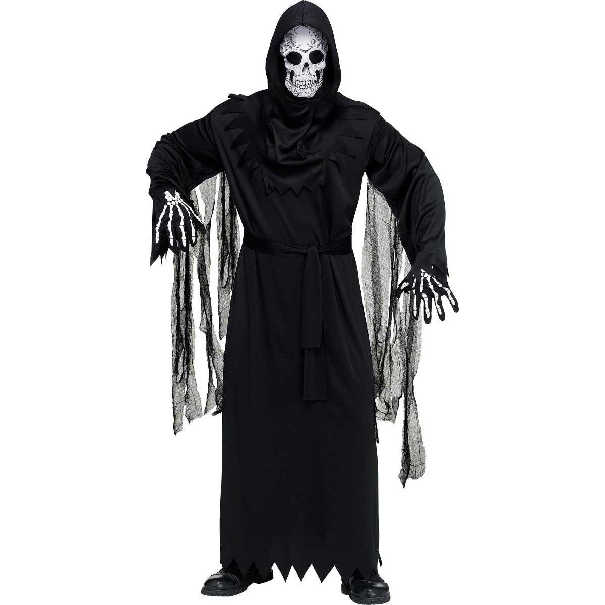 Man wearing black hooded robe costume with skull mask and skeleton gloves | Chaps London