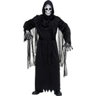 Man wearing black hooded robe costume with skull mask and skeleton gloves | Chaps London