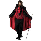 Man wearing red and black Dracula costume with cape and cane | Chaps London