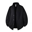 Black button-front cardigan jacket with stand collar, flat lay, textured fabric | Chaps London