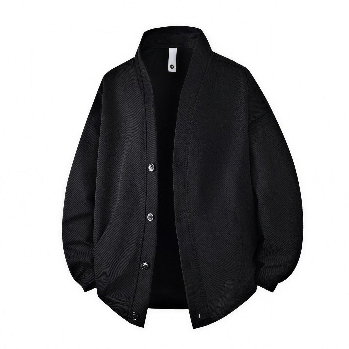 Black button-front cardigan jacket with stand collar, flat lay, textured fabric | Chaps London
