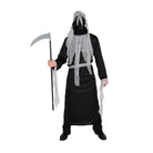 Person wearing black hooded robe costume with grey tattered rags, holding scythe prop | Chaps London