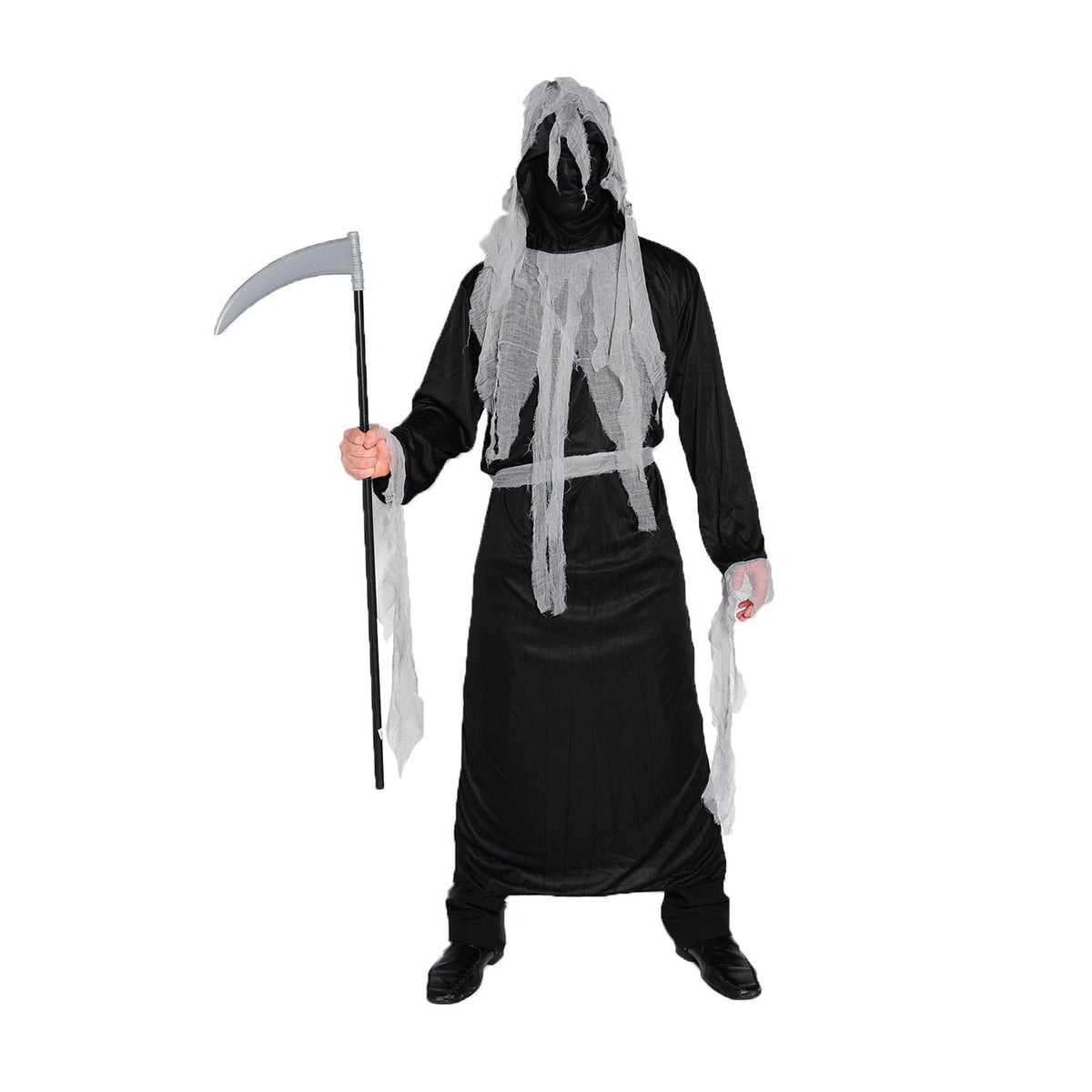 Person wearing black hooded robe costume with grey tattered rags, holding scythe prop | Chaps London