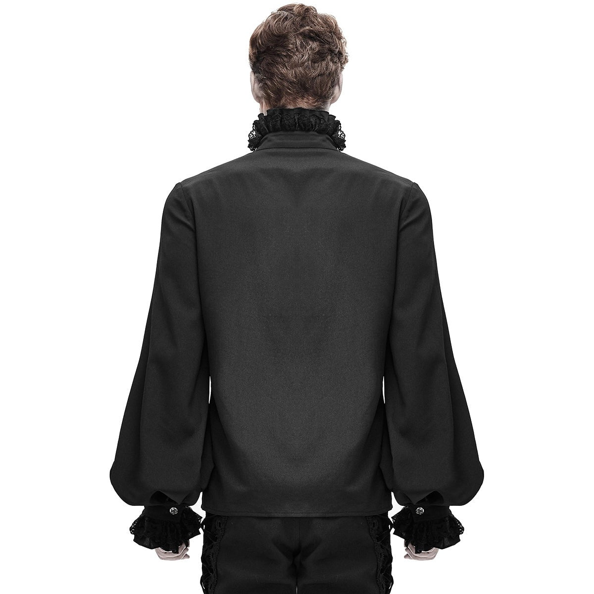 Black gothic shirt with ruffled collar and lace cuffs, worn, back view | Chaps London