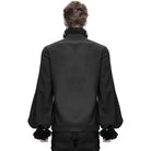 Black gothic shirt with ruffled collar and lace cuffs, worn, back view | Chaps London