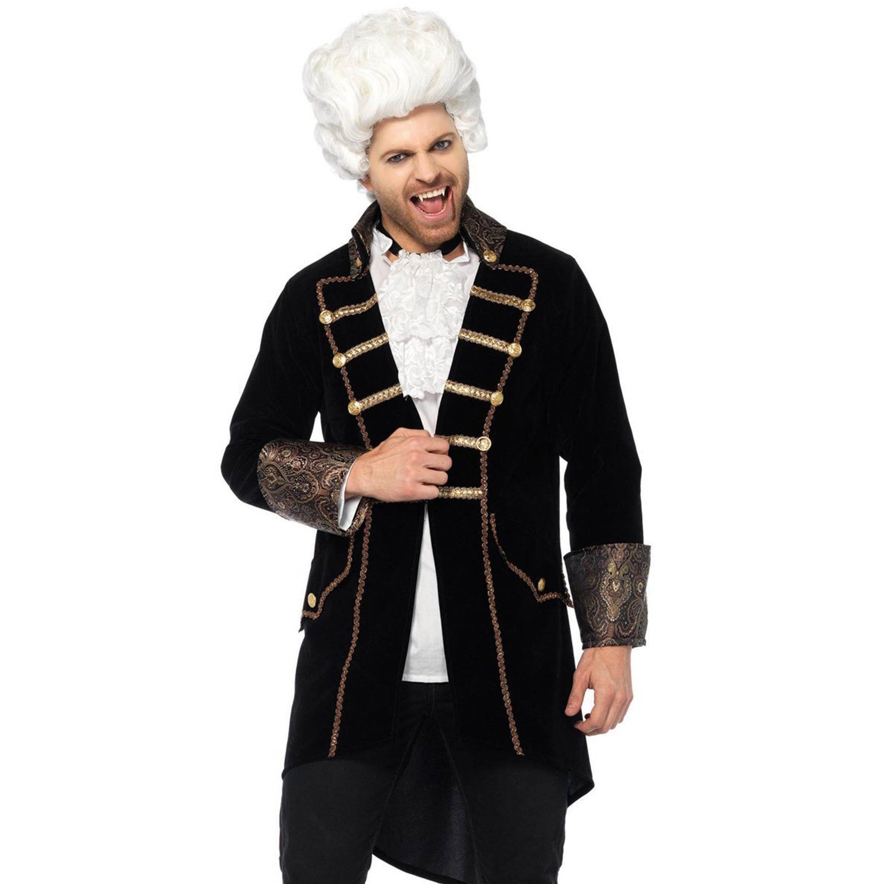 Black velvet vampire jacket with gold trim worn by male model | Chaps London