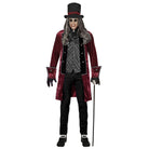 Model wearing burgundy velvet coat costume with top hat and cane | Chaps London