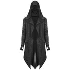 Black hooded long cardigan with subtle circuit pattern, worn by model | Chaps London