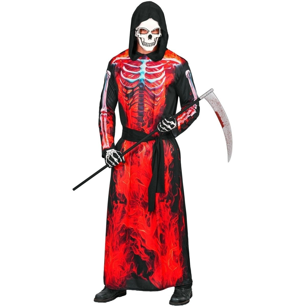 Man wearing red flame skeleton hooded robe with scythe prop | Chaps London