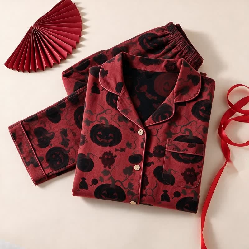 Red and black pumpkin print pyjama set folded flat with ribbon | Chaps London