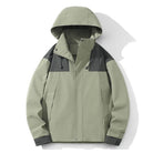 Sage green hooded jacket with gray color-block panels, shown flat | Chaps London