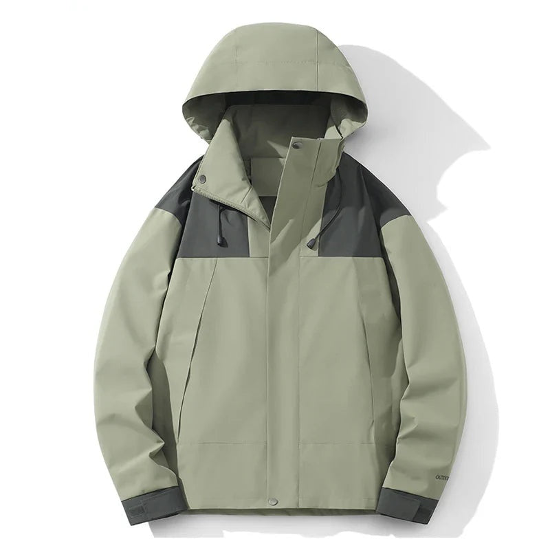 Sage green hooded jacket with gray color-block panels, shown flat | Chaps London