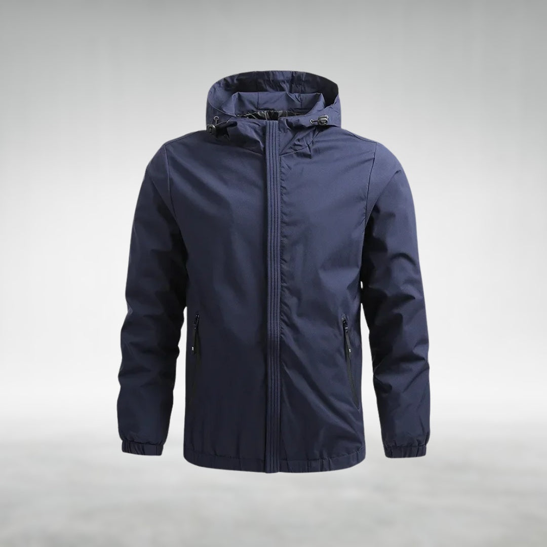 Navy blue hooded zip-up jacket displayed on invisible mannequin, front view | Chaps London