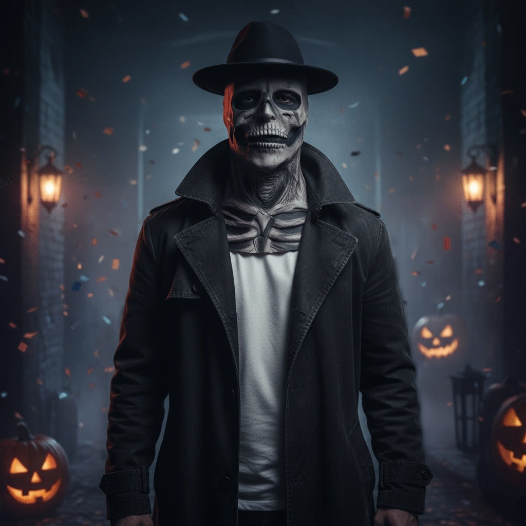 Man wearing black skull mask, hat, and dark coat outdoors | Chaps London