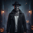 Man wearing black skull mask, hat, and dark coat outdoors | Chaps London