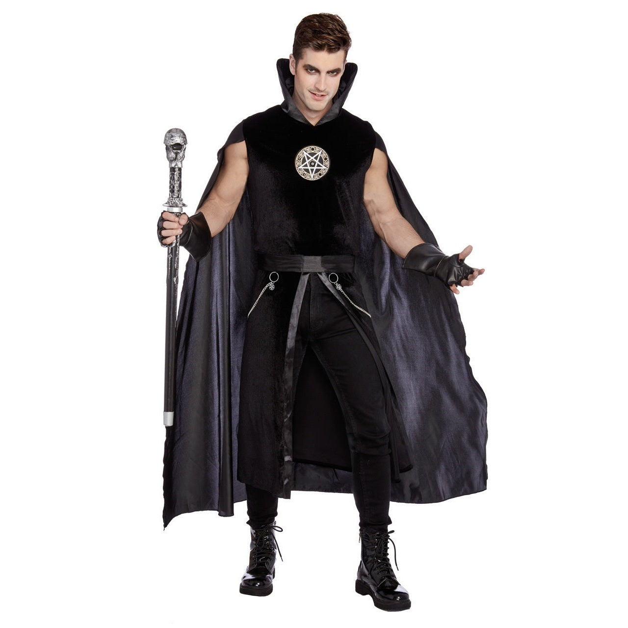 Man wearing black gothic costume with cape, pentagram emblem, and staff | Chaps London
