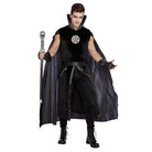 Man wearing black gothic costume with cape, pentagram emblem, and staff | Chaps London