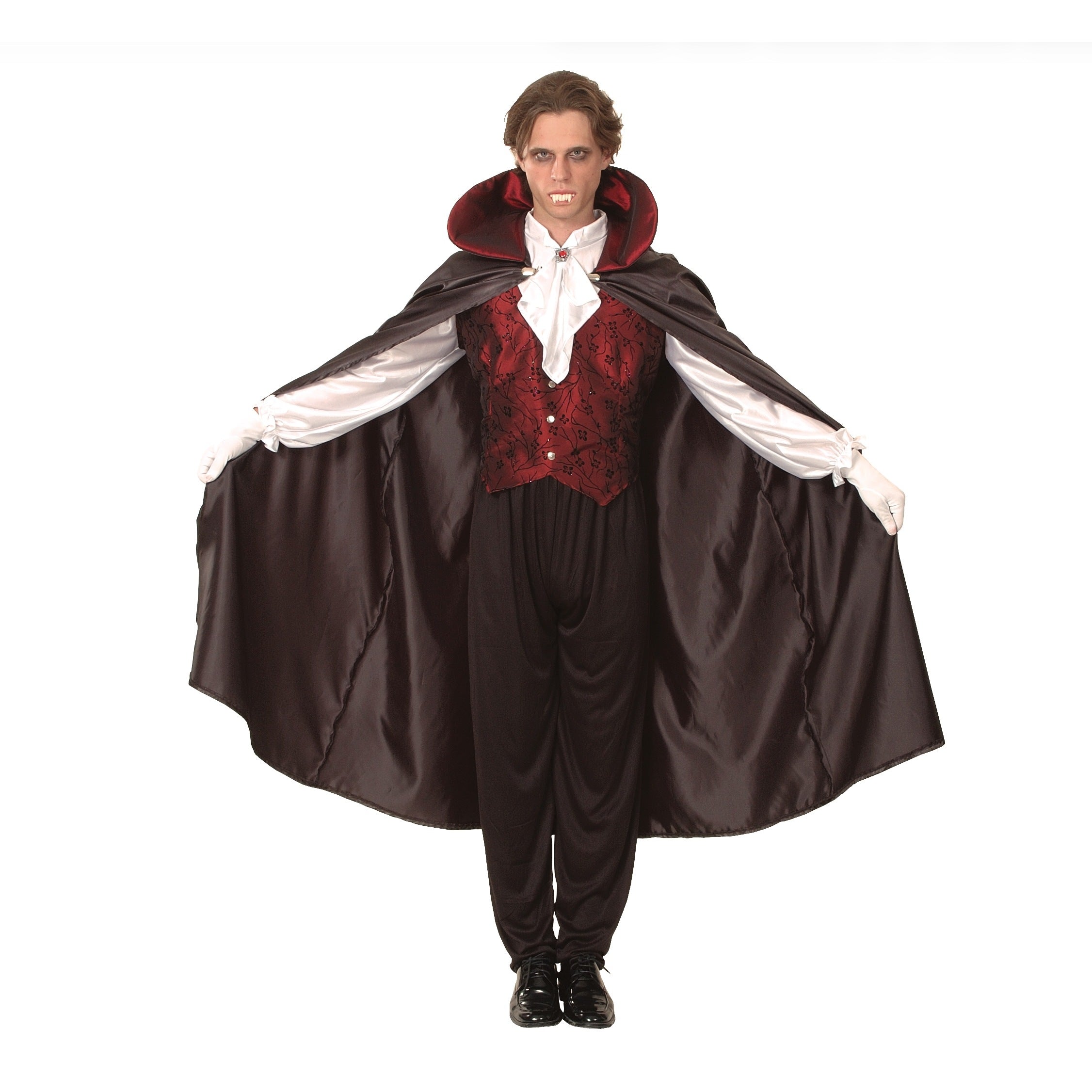 Man wearing black vampire cape, red vest, and white jabot shirt | Chaps London