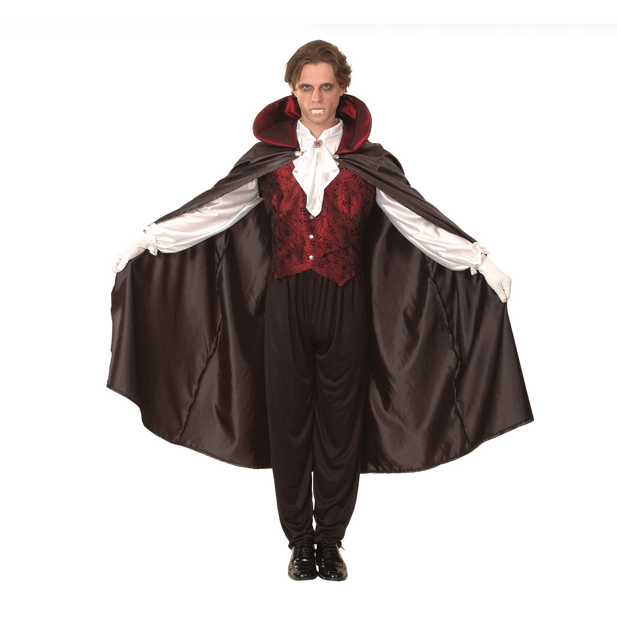 Man wearing black vampire cape, red vest, and white jabot shirt | Chaps London