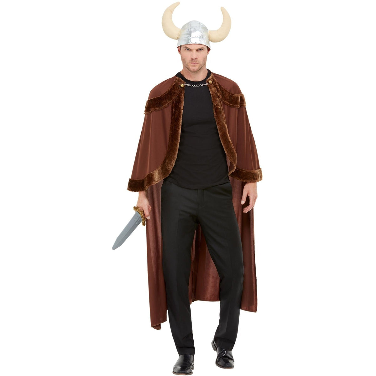 Man wearing brown faux fur trim cape with horned silver helmet | Chaps London