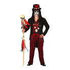 Man wearing black red striped voodoo witch doctor costume with top hat | Chaps London