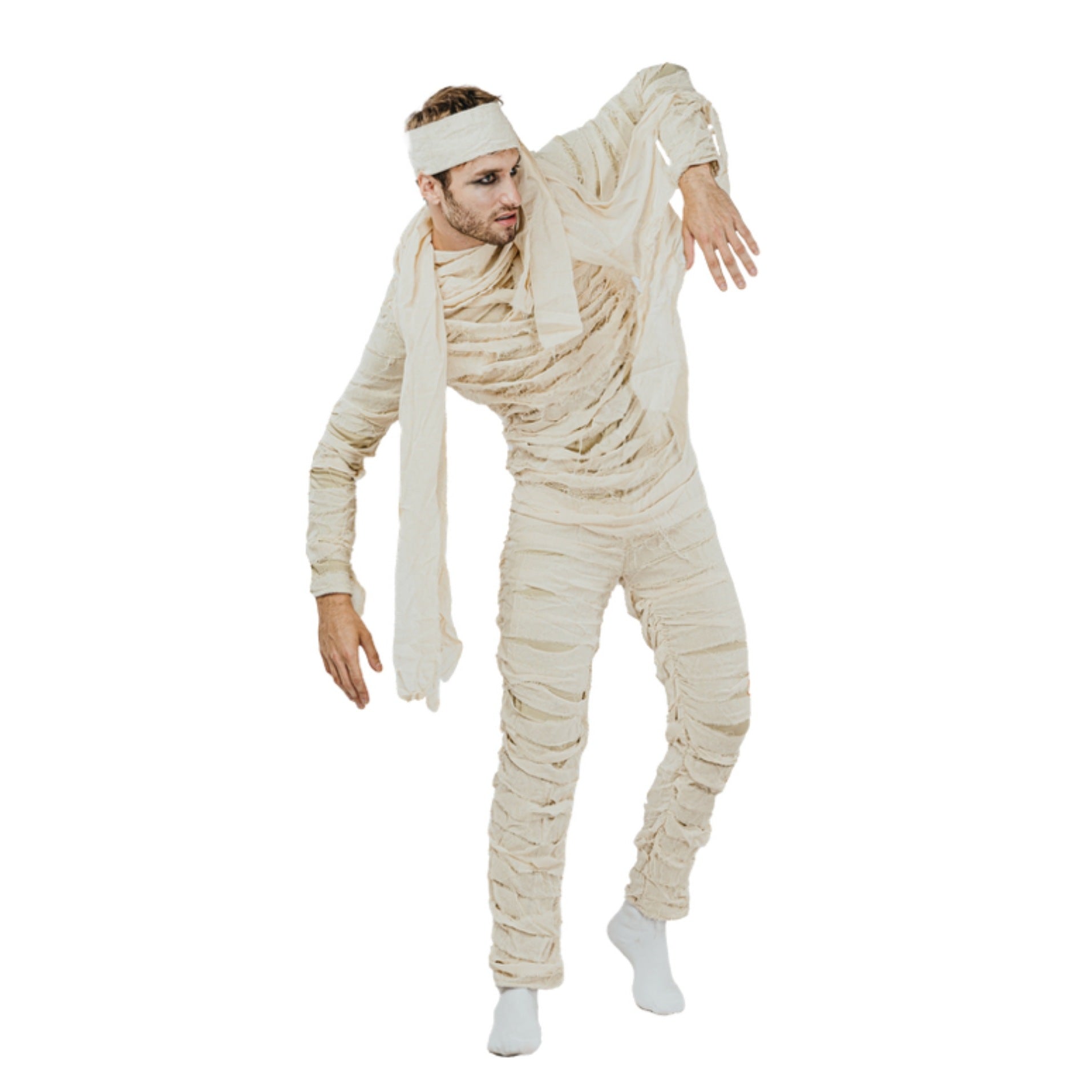 Man wearing beige mummy costume jumpsuit with frayed wraps and headband, posing | Chaps London