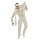 Man wearing beige mummy costume jumpsuit with frayed wraps and headband, posing | Chaps London
