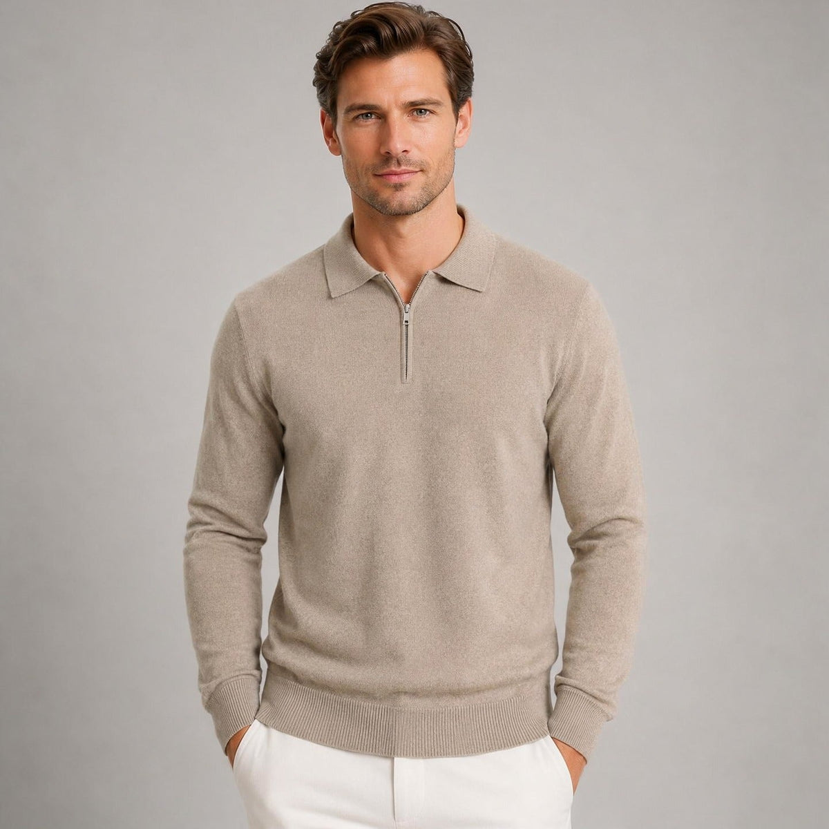 Man wearing beige quarter zip polo jumper, fine knit, with white trousers | Chaps London