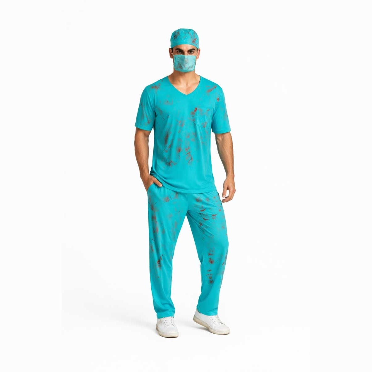 Man wearing teal bloody scrub costume with cap and face mask | Chaps London