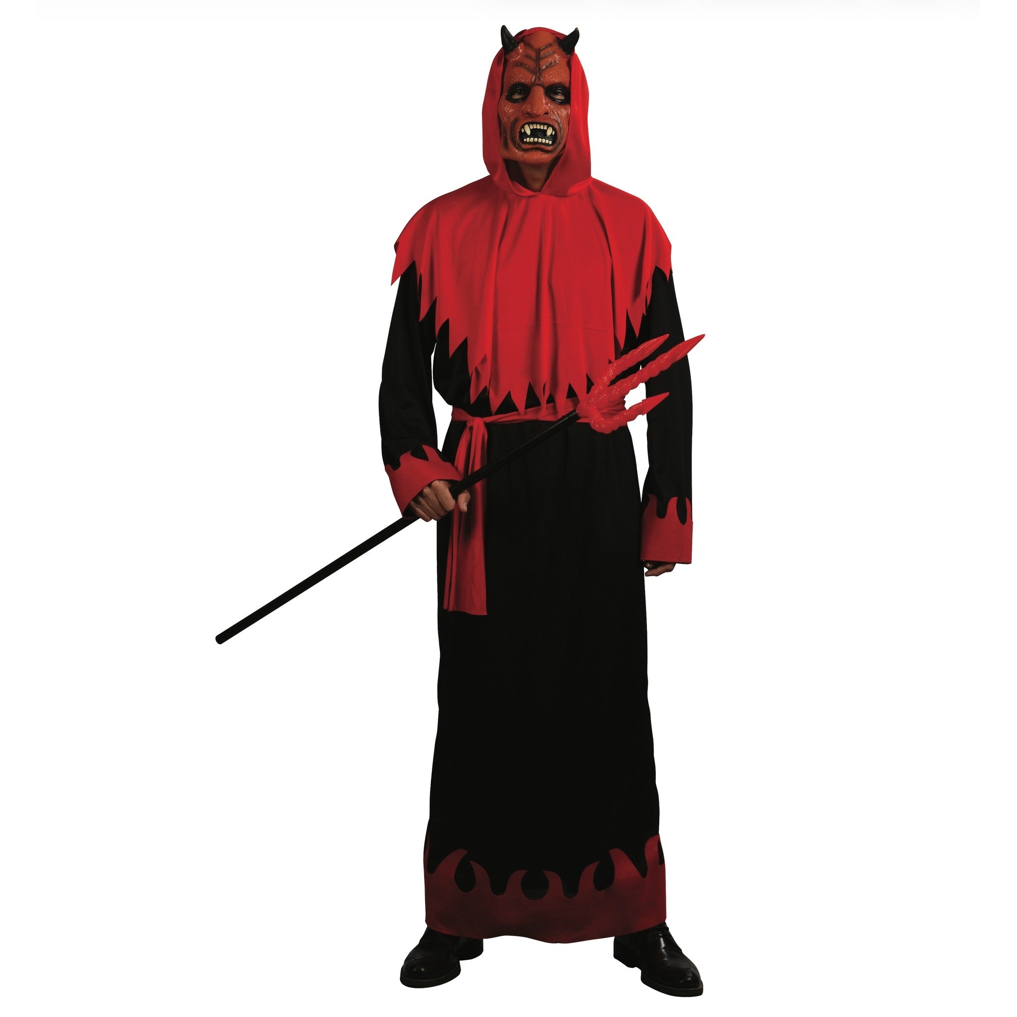 Man wearing red and black devil costume with hood and pitchfork | Chaps London
