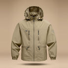 Khaki hooded zip-up jacket with multiple pockets, displayed on mannequin form | Chaps London