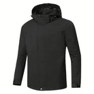 Black hooded zip-up jacket displayed on mannequin, front three-quarter view | Chaps London
