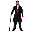 Man wearing black vampire jacket with red jabot, holding cane, white background | Chaps London