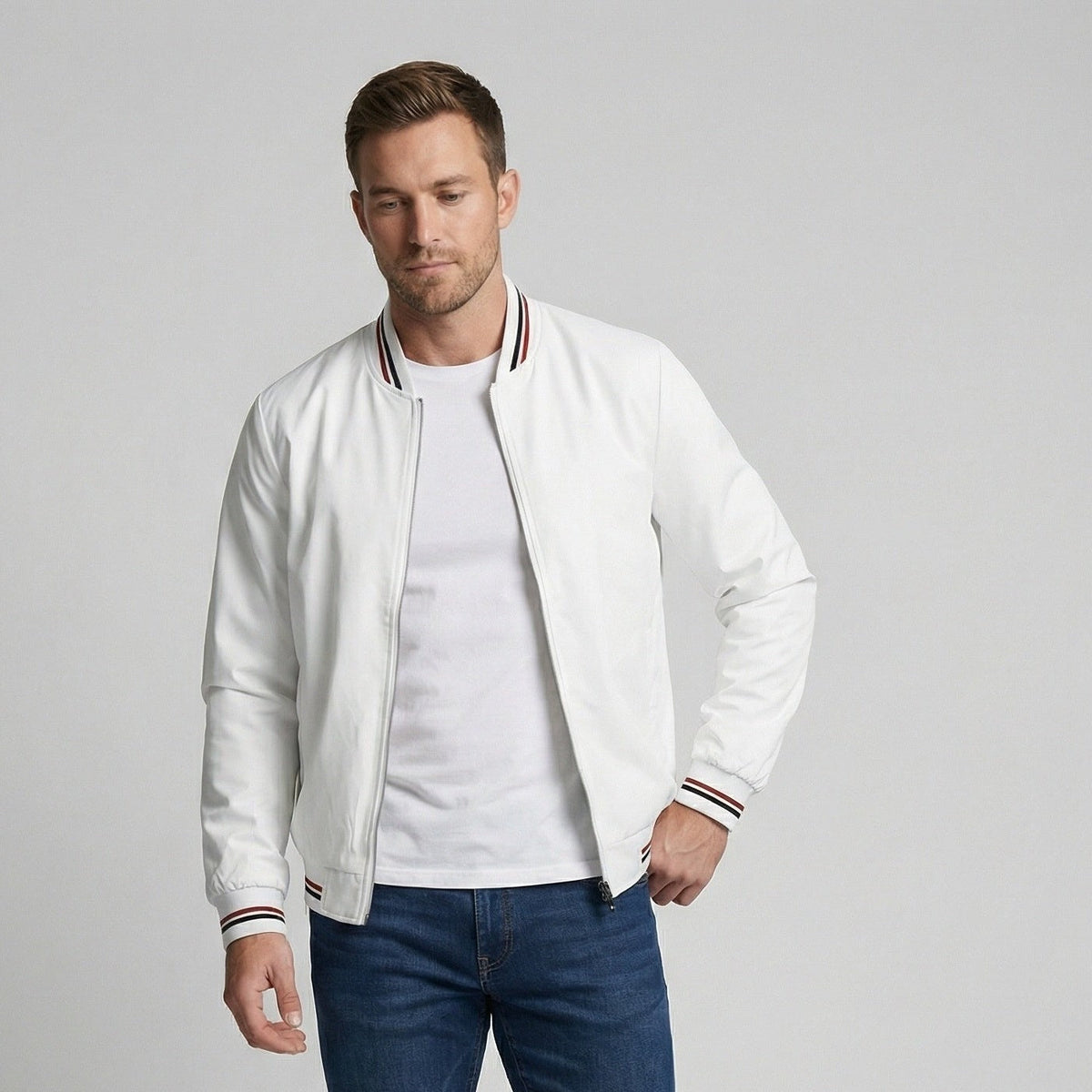 Men's Bomber Jacket | Striped Rib Trim | Stand Collar | Water Repellent