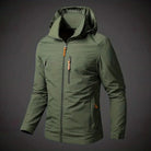 Olive green hooded windbreaker jacket with orange zipper pulls, displayed on mannequin | Chaps London