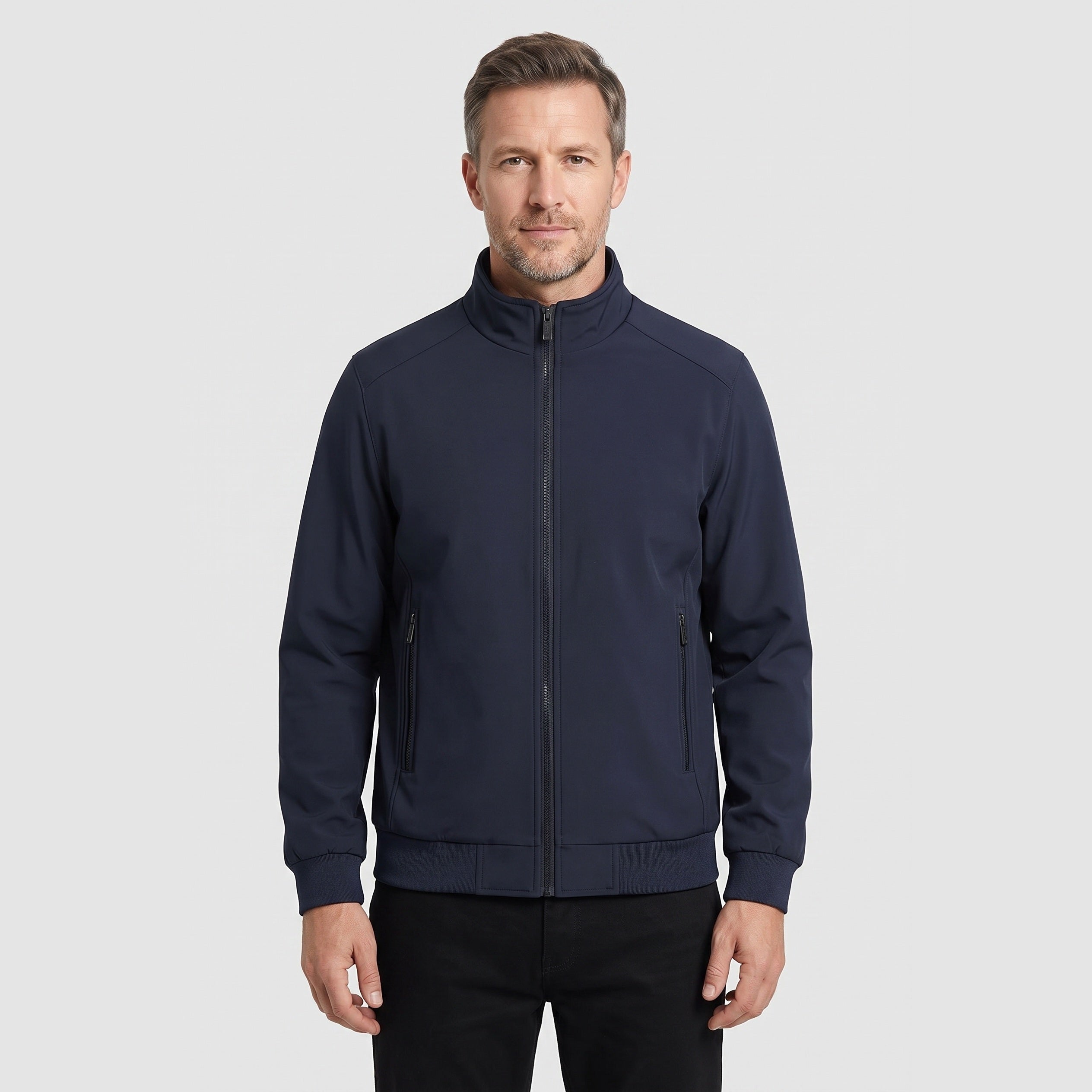 Navy blue full-zip jacket with stand collar, worn by man, front view | Chaps London