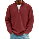 Man wearing dark red ribbed knit half zip sweater, hands in pockets | Chaps London