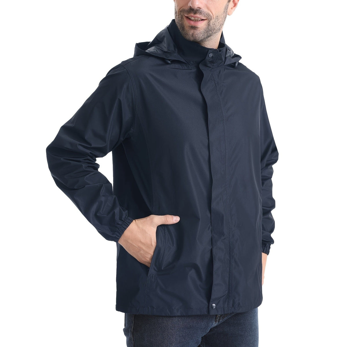 Man wearing navy hooded waterproof rain jacket with front pockets, zipped closed | Chaps London