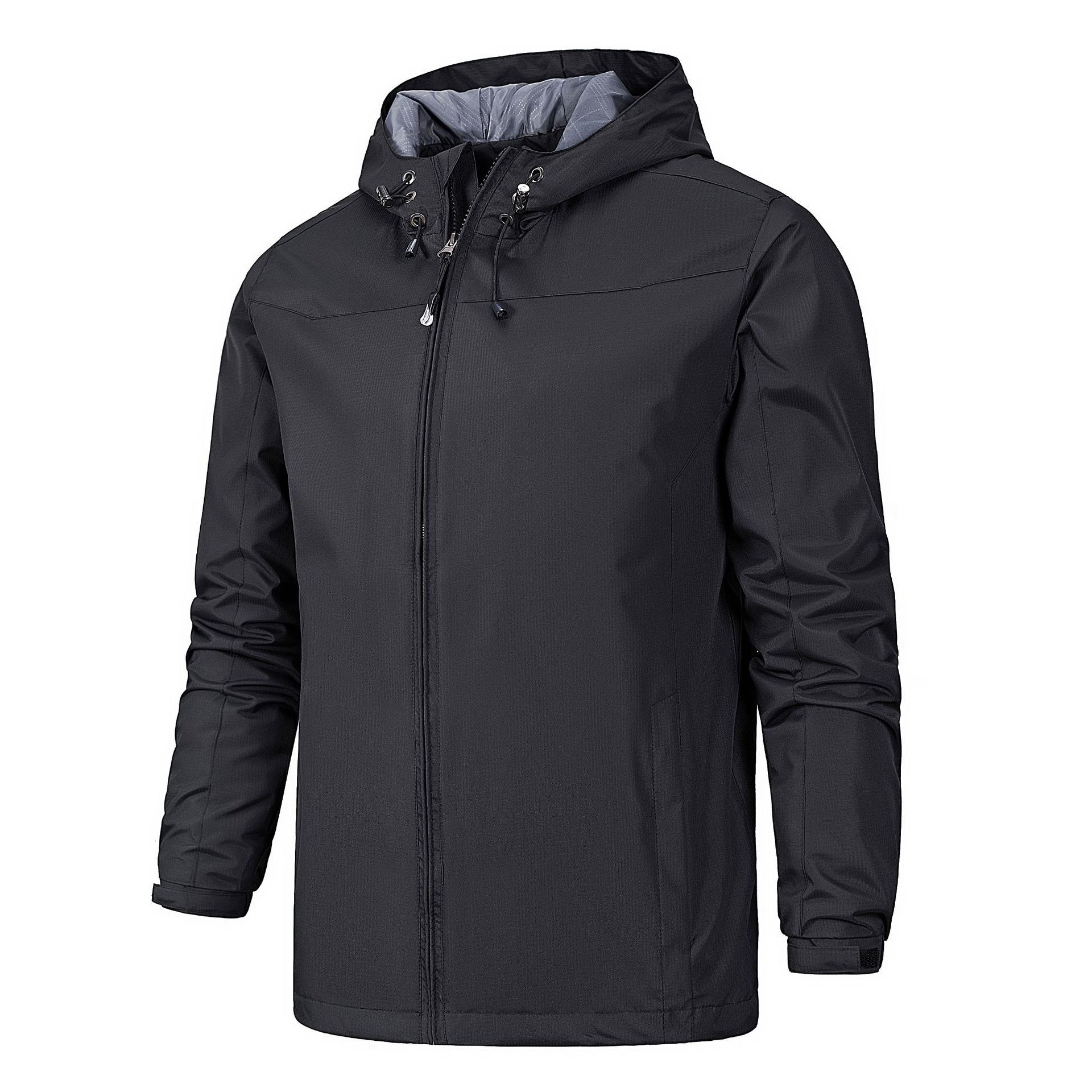 Black hooded zip-up jacket worn by a man, front view | Chaps London