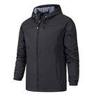 Black hooded zip-up jacket worn by a man, front view | Chaps London