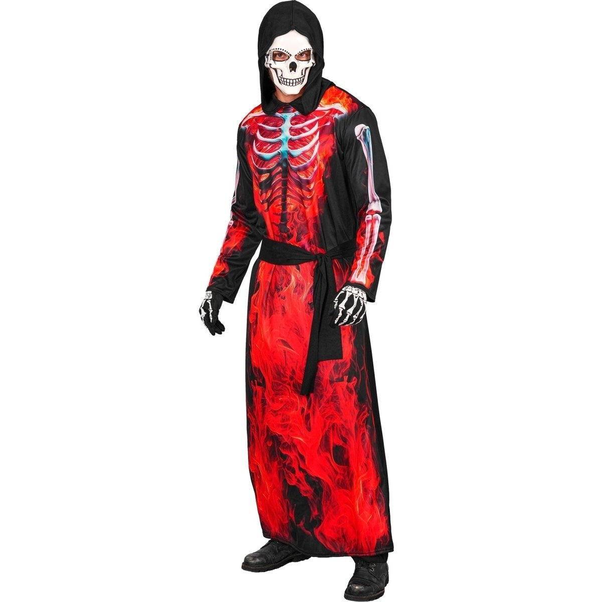 Man wearing black red flame skeleton hooded robe with sash costume | Chaps London