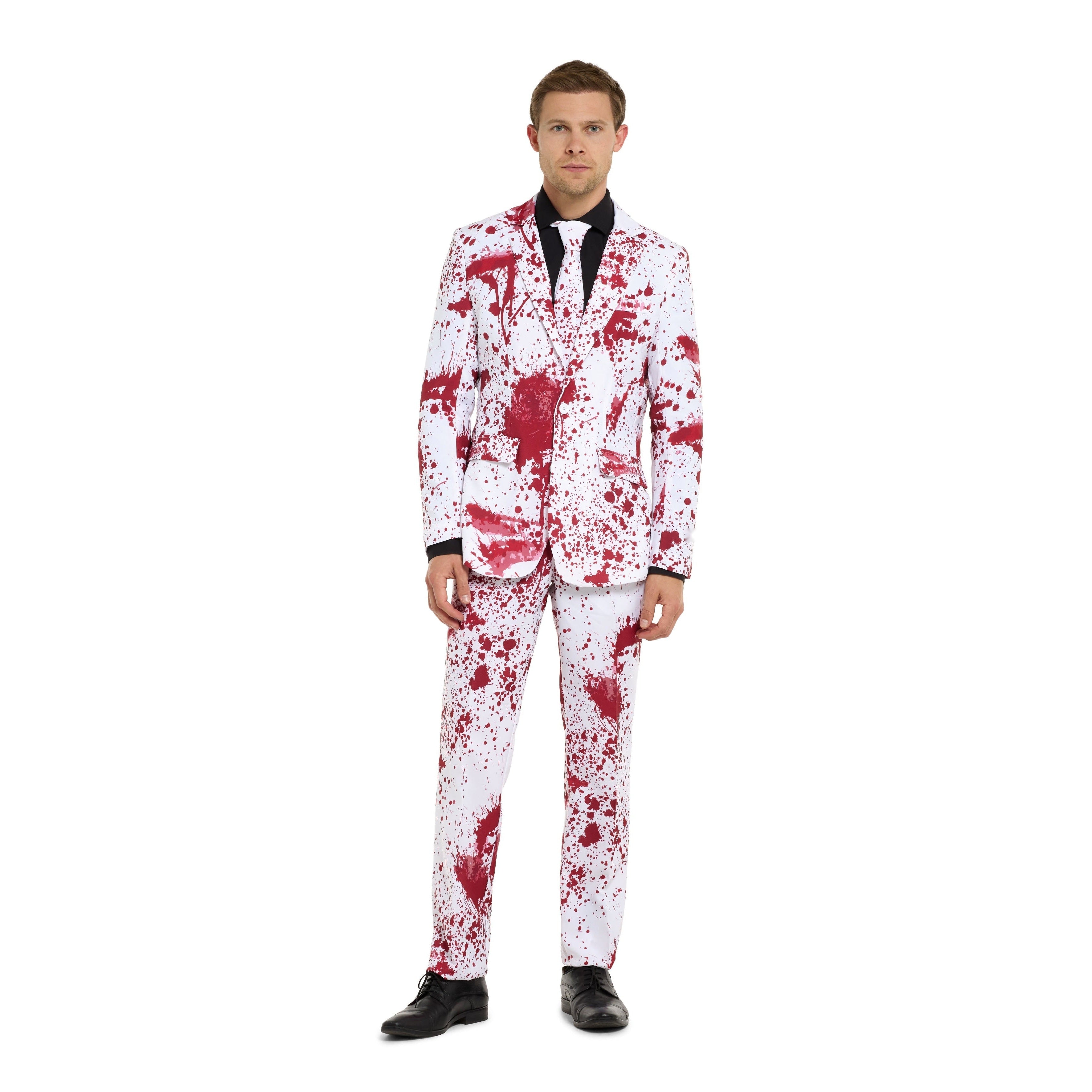 Man wearing white suit with red blood splatter pattern and tie | Chaps London