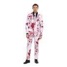 Man wearing white suit with red blood splatter pattern and tie | Chaps London