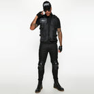 Man wearing black SWAT costume vest, cap, gloves and knee pads | Chaps London
