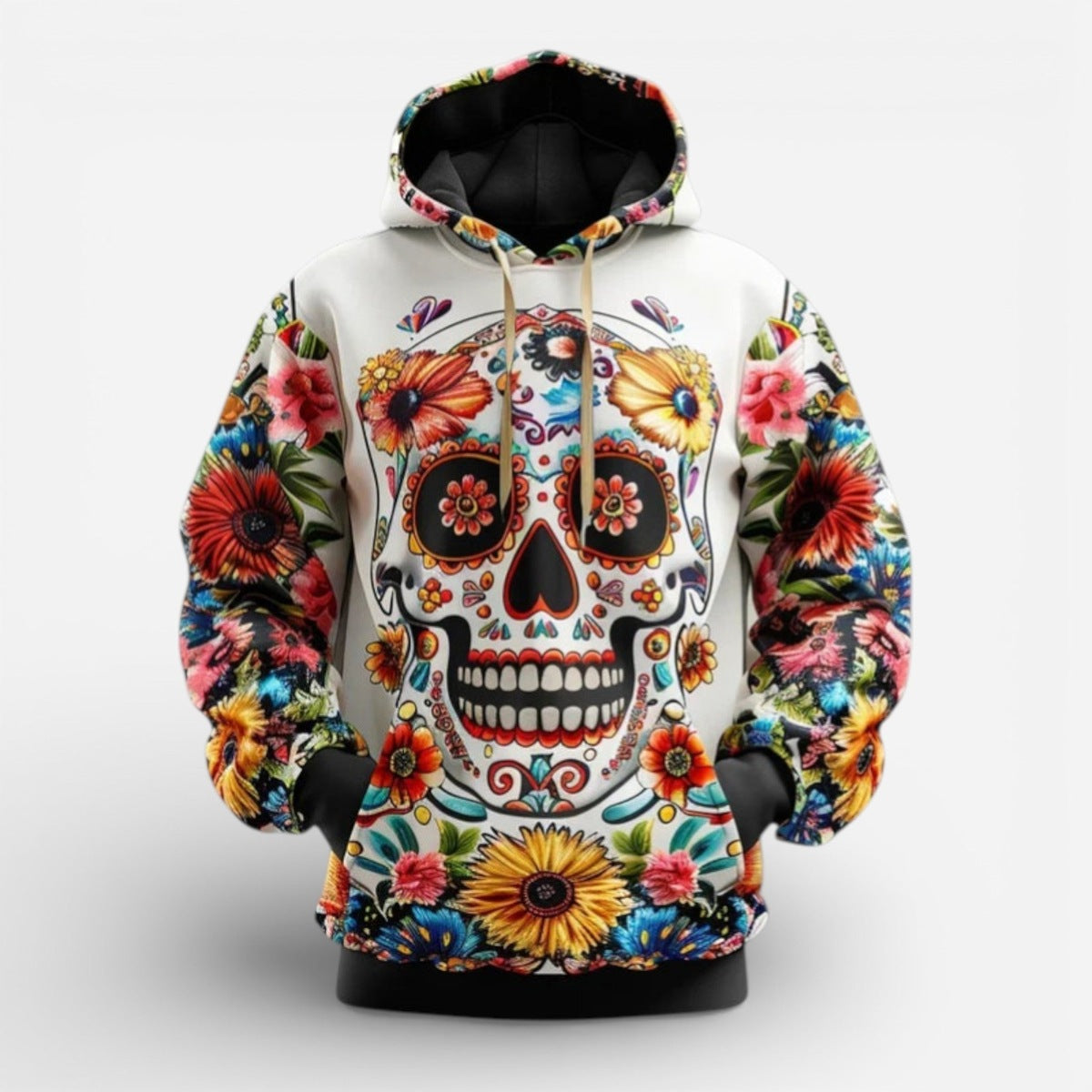 White hoodie with colorful sugar skull and floral print, worn by model | Chaps London