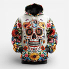 White hoodie with colorful sugar skull and floral print, worn by model | Chaps London
