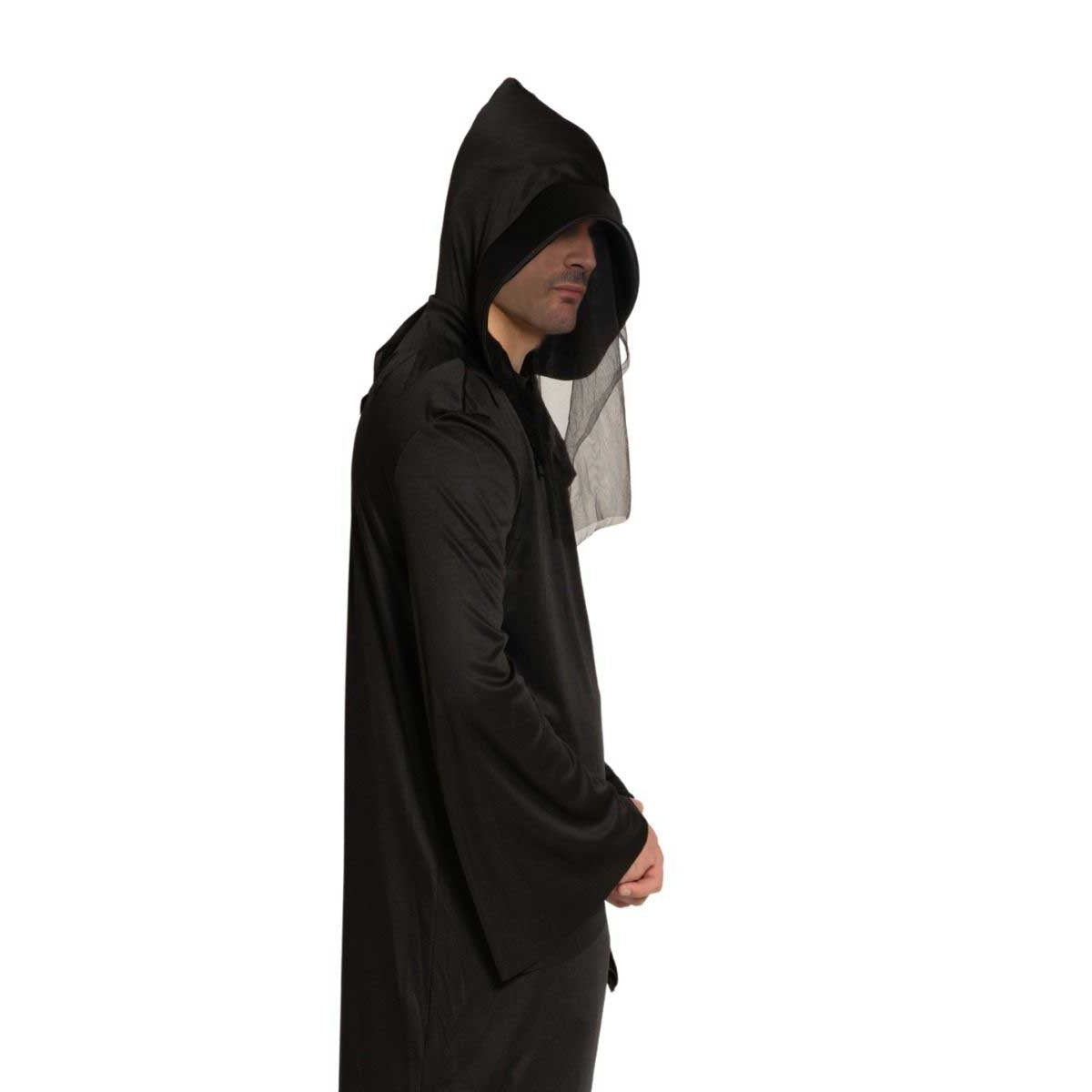 Black hooded robe with mesh face veil worn by a person | Chaps London