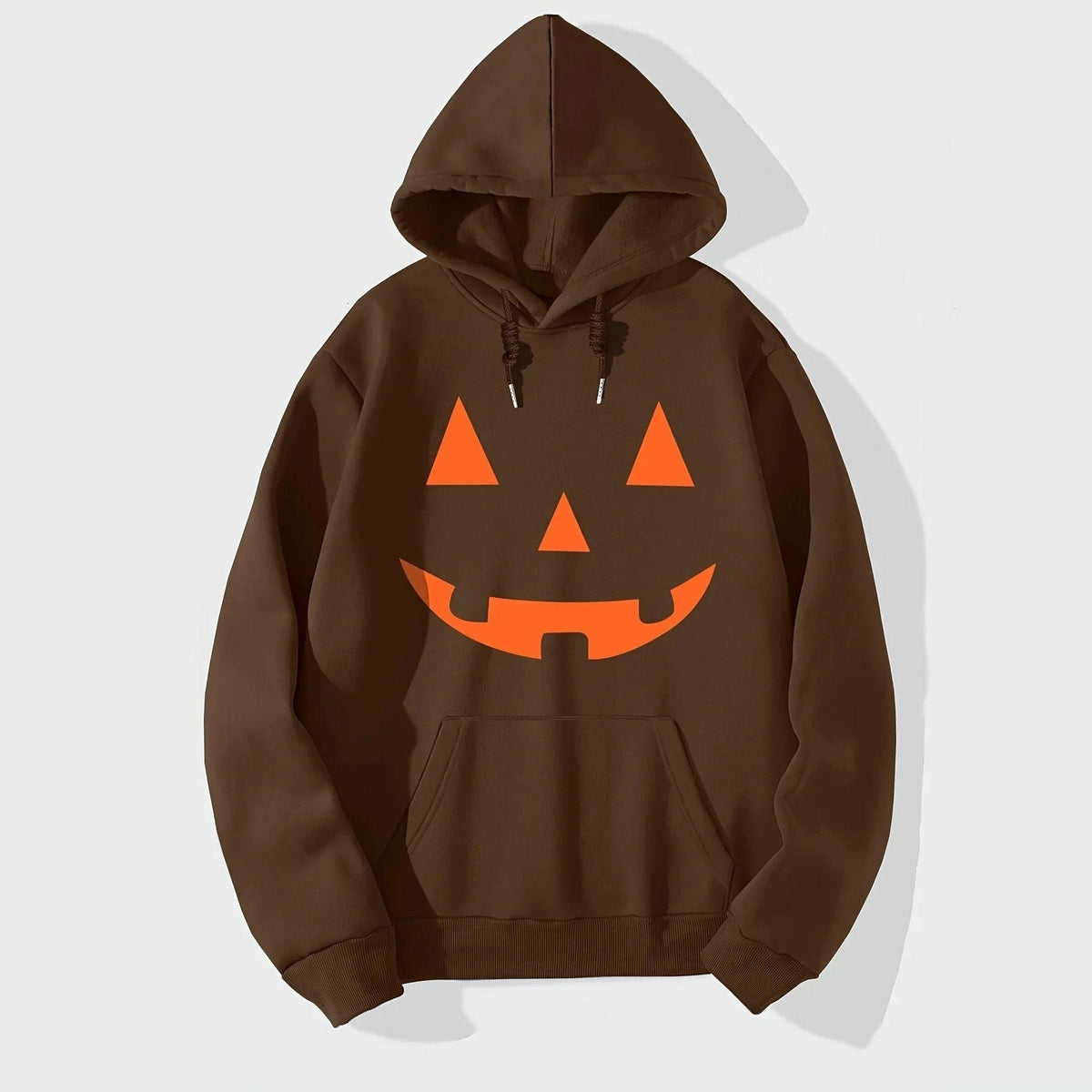 Brown hoodie with orange Jack O Lantern face print, flat lay view | Chaps London
