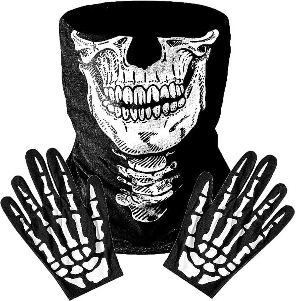 Black skull print snood and skeleton bone print gloves, flat lay display | Chaps London