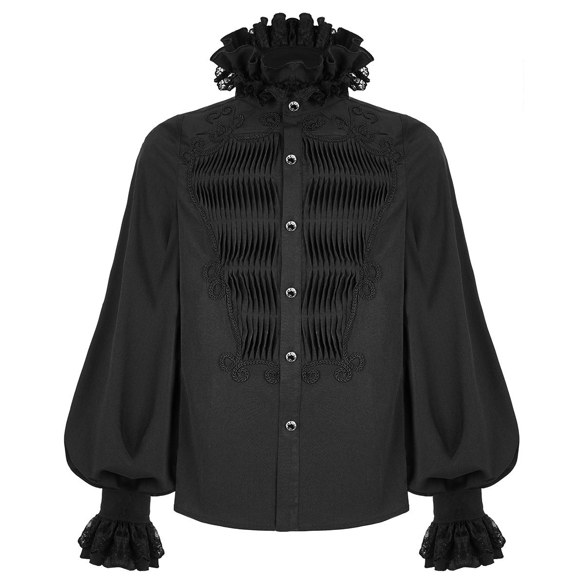 Black gothic shirt with ruffled lace collar and pleated front panel | Chaps London